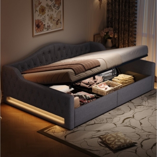 Merax Daybett mit hydraulischem Stauraum (Schlafsofa Sofabett Jugendbett Kinderbett Polsterbett, 1 tlg), Tagesbett 140x200cm mit LED-Beleuchtung Lattenrost Rückenlehne, Leinen