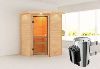 Karibu Ecksauna Antonia mit Dachkranz + 3,6kW Plug&Play Ofen integrierte Steuerung