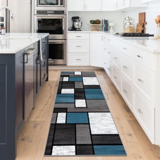 WTHYGB Teppich Läufer Flur rutschfest 60x150 cm Blau Karo modern waschbar