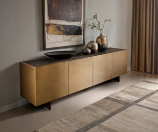 Sideboard Kazu 220 cm Metallic Gold 4 Türen schwebend Metall Schwarz Keramik Laminam®Noir Desir Braun
