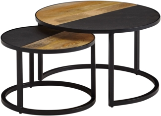 Couchtisch 2er Set Mango Massivholz / Stein-Optik Sofatisch Rund Modern, Design Beistelltisch 2-teilig, Runde Wohnzimmertische, Holztisch Satztische Metall