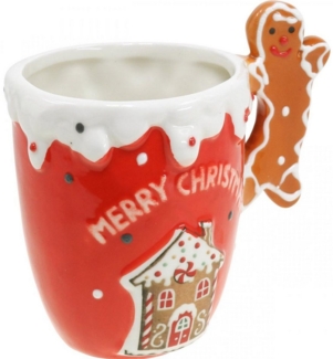 Decoris season decorations Becher, Keramik, Tasse mit Lebkuchenmann Keramik 12cm rot / weiß, 1 Stück sortiert