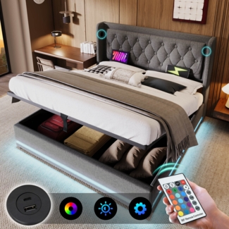 Polsterbett 140x200 cm Grau mit 3-seitiger LED-Beleuchtung, Wingback Kopfteil & USB Typ-C Ladefunktion,hydraulischer Stauraum