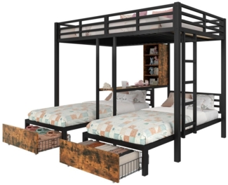 OKWISH Etagenbett Kinderbett Metallbett (3 Betten, mit Seitengittern & Staufächern, 2 Schubladen, Inklusive Sicherheitsgeländer, Maximale Stauraumnutzung, 140 x 200 cm + 90 x 200 cm), ohne Matratze