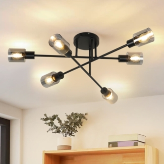 ZMH Deckenlampe Vintage 6 flammig: Industrial Wohnzimmerlampe Schwarz Deckenleuchte Wohnzimmer retro Kronleuchter aus Glas E14 Fassung Deckenbeleuchtung fr Schlafzimmer Kche - Ohne Leuchtmittel