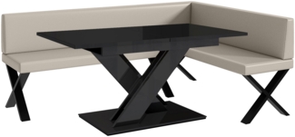 MEBLINI Eckbank für Esszimmer mit ausziehbarem Tisch - Küchenbank - Essecke - Sitzecke Küche - TONI - X-Beine 142x196x87cm Rechts - Beige Kunstleder/B Schwarz Hochgl.
