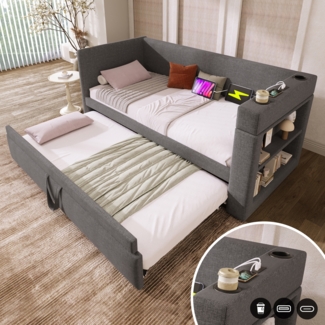 Merax Polsterbett Daybett 90x200 cm, Einzelbett Schlafsofa mit Ausziehbett, Armlehnen mit USB- & Type-C-Ladeanschluss und Getränkehalter, Leinen-Mischgewebe, Grau
