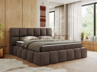 Boxspringbett mit dekorativem Kopfteil, Doppelbett mit zwei 7 Härtezonen Multipocket-Matratzen, Bettkästen, Polsterbett - NIRA - 160x200 cm - Braun Velours - H3
