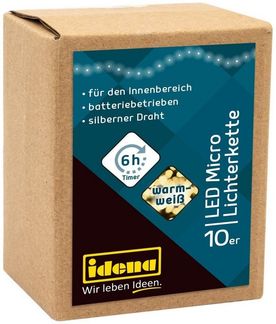 Idena 31114 - LED Micro Lichterkette mit 10 LEDs in Warmweiß, 6 Stunden Timer Funktion, batteriebetrieben, ca. 1,2 m lang, Deko für Innen, zum Basteln, als Party Deko, Weihnachtsdeko, zur Hochzeit