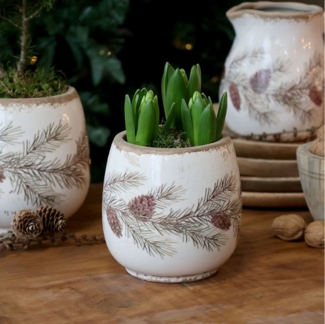 Chic Antique Übertopf Übertopf mit Tannengirlanden H14,5/D15 cm creme Herbst Winter (1 St)