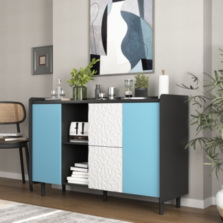 Schwarzes Sideboard-Buffetschrank mit blauen Türen – 2 Schubladen und offener Stauraum für Küche und Wohnzimmer