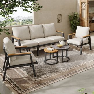 Merax 5 Sitzer Gartenlounge-Set, Gartenmöbelset, mit 2 Tisch, Terassenmöbelset Gartengarnitur mit Kissen, Beige