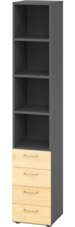 bümö smart Schubladenschrank, Büroschrank in Graphit/Ahorn mit 4 Schüben & 4 Regalfächern - Bürocontainer aus Holz, Container mit Metallgriffen & Soft-Stop Schubladen, 964S4-G-3-BS