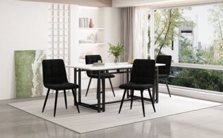 Esstischgruppe H 74 x T 80 x B 140 cm, MDF & Metall, schwarz, mit 4 Samt-Stühlen,Weiß und schwarz