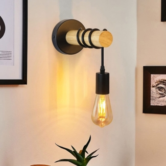 ZMH Wandlampe Holz Wandleucht Vintage - Retro Schwarz Industrial E27 Wandleuchte Rustikal Innen Wandbeleuchtung mit Design fr Schlafzimmer Flur Wand Treppenhaus Wohnzimmer - Ohne Leuchtmittel