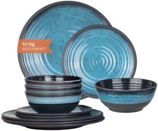 Moritz Camping Tafelgeschirr aus Melamin für 4 Personen 12-teilig | spülmaschinenfest | Picknick Geschirrset | Geschirr Campinggeschirr I Stone Blue Design