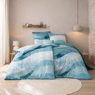 Estella Mako-Interlock-Jersey Bettwäsche Atelier Rio 135x200 + 1 x Kissen 80 x 80 Grafisch cyan