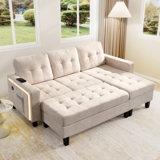 Sofabett L-förmiges Multifunktions,mit XXL-Fußbank, 3-in-1 Sofa, Liege und Doppelbett,LED-Stimmungslicht,Beige