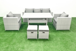 Fimous Gartenmöbel-Set aus Rattan mit Sofa Esstisch 2 Sesseln 2 kleine Fußhockern Hellgrau gemischt