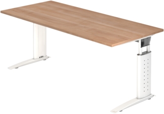 bümö höhenverstellbarer Schreibtisch U-Serie 180x80 Nussbaum, Gestell in weiß - großer PC Tisch für's Büro manuell höhenverstellbar, Computertisch verstellbar, US-19-N-W