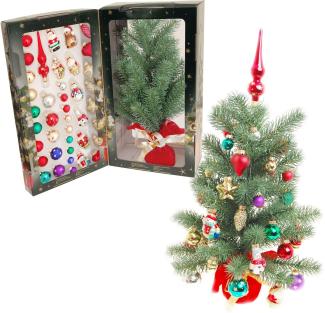 Krebs Glas Lauscha Künstlicher Weihnachtsbaum Mini Weihnachtsbaum 45 cm - mit Kugeln, Figuren und Spitze, Edeltanne, Weihnachtsbaumschmuck inkl. Kugelaufhänger