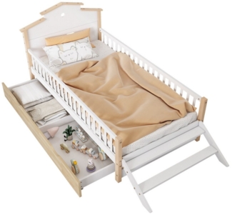 REDOM Kinderbett Holzbett Stauraumbett Einzelbett Jugendbett Gästebett (Bett mit Fallschutz und Gitter, inklusive Seitenleiter und einzigartigem Dachdesign, 90x200 cm), ohne Matratze