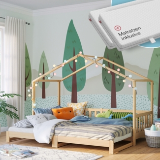Bellabino 'Bia' Hausbett 90x200 cm/180x200 cm mit 2 x 90 x 200 cm Matratze, natur, Kiefer Massivholz, Bodenbett in Hausoptik, ausziehbares Kinderbett mit Lattenrost
