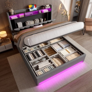 LVHOM Polsterbett 160x200cm mit LED&USB, Doppelbett mit versteckten Stauraum, Stauraumbett mit Lattenrost, Jugendbett mit Bettkasten, Samtstoff, Grau