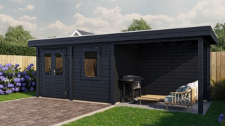 Lugarde Select Modern Gartenhaus mit Vordach Rostock 388x250cm + 300cm - Schwarzes Öl