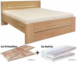 Bett mit Matratze und Lattenrost, H2/H3, Eiche Dekor, 180x200 cm