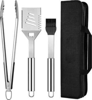 Daskoo Grillbesteck-Set, 3-teilig, Edelstahl, inkl. Tragetasche, mit Grillwender, Grillzange & Grillpinsel