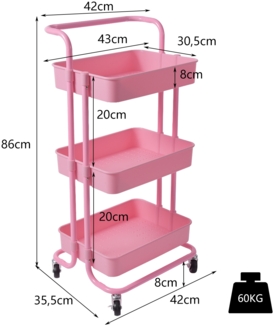 3 Regale Rollwagen Mehrzweckwagen mit Griff Einfache Montage Rosa