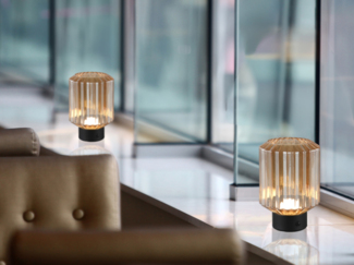 2er SET kleine Akku Tischleuchten mit Glasschirm Bernsteinfarbig, Höhe 19cm