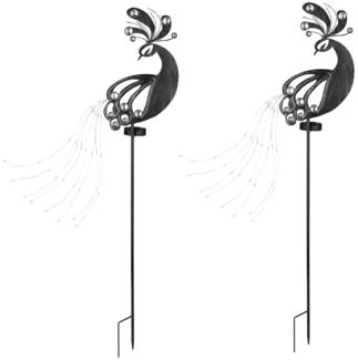 2er Set LED Solarleuchte, Pfau, silbergrau schwarz, 88 cm