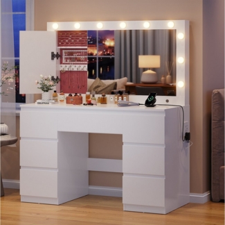 Furnicopia Schminktisch mit 7 Schubladen mit 2 Steckdosen 1 USB-Anschluss 1 Tycp-Anschluss (Größe 120*40*140cm Großer Spiegel 106cm Eingebautes Schmuckkabinett LED-Lichter Einstellbare Farbtemperatur und Helligkeit)