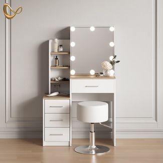 Livinity® Schminktisch Loreta, Weiß/Sonoma/Sonoma, mit LED Beleuchtung und Hocker (2-St)
