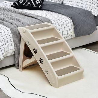 COSTWAY 4-stufige Haustiertreppe mit Teppichboden, Hundetreppe Kunststoff Katzentreppe faltbar, Hunderampe tragbar Tiertreppe für Hunde und Katzen, Tierrampe zum Klettern und Kratzen (Beige)