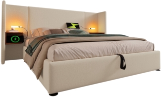 Polsterbett 180x200 cm mit hydraulischem Bettkasten, Leinenbezug und integriertem Kopfteil mit Leselampe sowie 2×USB/2×Type‑C,Beige