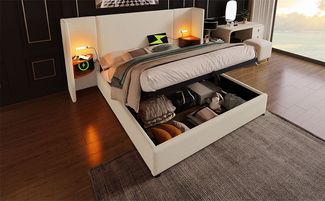 Polsterbett 180x200 cm mit hydraulischem Bettkasten, Leinenbezug und integriertem Kopfteil mit Leselampe sowie 2×USB/2×Type‑C,Beige