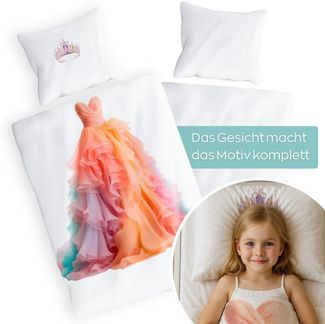 Carpe Sonno Kinderbettwäsche 135x200 Mädchen Baumwolle Prinzessin Kleid Bettwäsche Kinder + BUCH, Renforcé, 2 teilig, Dein Gesicht vervollständigt das Muster - Prinzessin