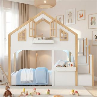 Merax Etagenbett, 90x200cm Hochbett, Kinderbett, Holzbett, Hausbett mit LED und Stauraumtreppe, Fenster-Form, weiß+Naturfarbe