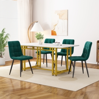 Esszimmer-Set 5-teilig mit Tisch 120x70 cm & 4 Grün Samtstühlen, Gold-Metallbeine,für Esszimmer und Wohnzimmer