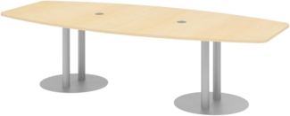 bümö Konferenztisch oval 280x130 cm großer Besprechungstisch in Ahorn, Besprechungstisch mit Säule in silber, Meetingtisch für 10 Personen, XXL-Tisch für Besprechungsraum & Meeting, KT28S-3-S