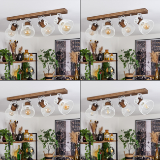 »Cotes«, Deckenlampe im Vintage-Design aus Holz/Metall in Braun/Weiß m. Schirmen in Gitter-Optik, Leuchte m. Holzbalken, Textilkabeln u. verstellbaren Strahlern, 4 x E27 max. 60 Watt