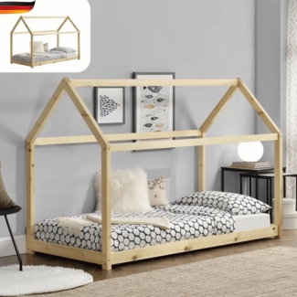 DELUKE® Kinderbett 70x140 FIDA - mit Lattenrost Kiefernholz Haus-Optik Einzelbett aus Holz Hausbett Kinderzimmer Bodenbett Montessori Bett Braun