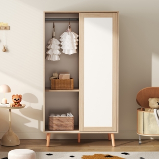 Merax Kinderkleiderschrank, Schiebetürenschrank mit Kleiderstange, Spanplattenmaterial, Vollholz-Standfüße, weiß+natürliches Holz