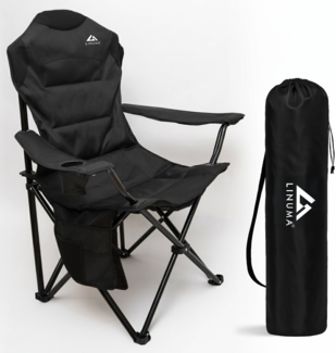 LINUMA® Campingstuhl Faltstuhl aus Stahl & Polyester schwarz, klappbar mit Getränkehalter & Tragetasche