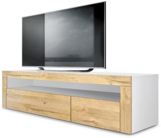 Vladon Lowboard Valencia, TV-Kommode mit 1 offenem Fach und 2 Klappen, Weiß matt/Eiche Natur/Eiche Natur (155 x 46 x 40 cm)