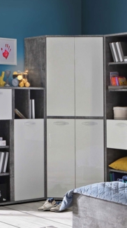 Eckschrank Kleiderschrank Schrank 92x92cm beton lichtgrau / weiß hochglanz