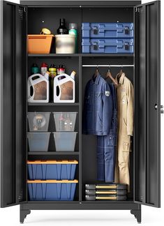 SONGMICS Metallschrank mit Hängestange, 2 Türen, 5 Fächern, abschließbar, hohe Füße, schwarz